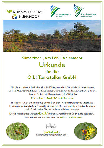 KlimaMoor „Am Löh“ CO2-Urkunde OIL! Tankstellen